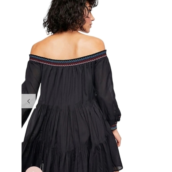 Free People Sunbeams Floral Embroidered Black Off The Shoulder Mini Dress - Picture 3 of 10